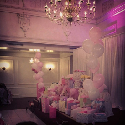 stage, decorations, baby shower, birthday, balloons, decor, colors, pink, pretty, beautiful, charming, historic, classic